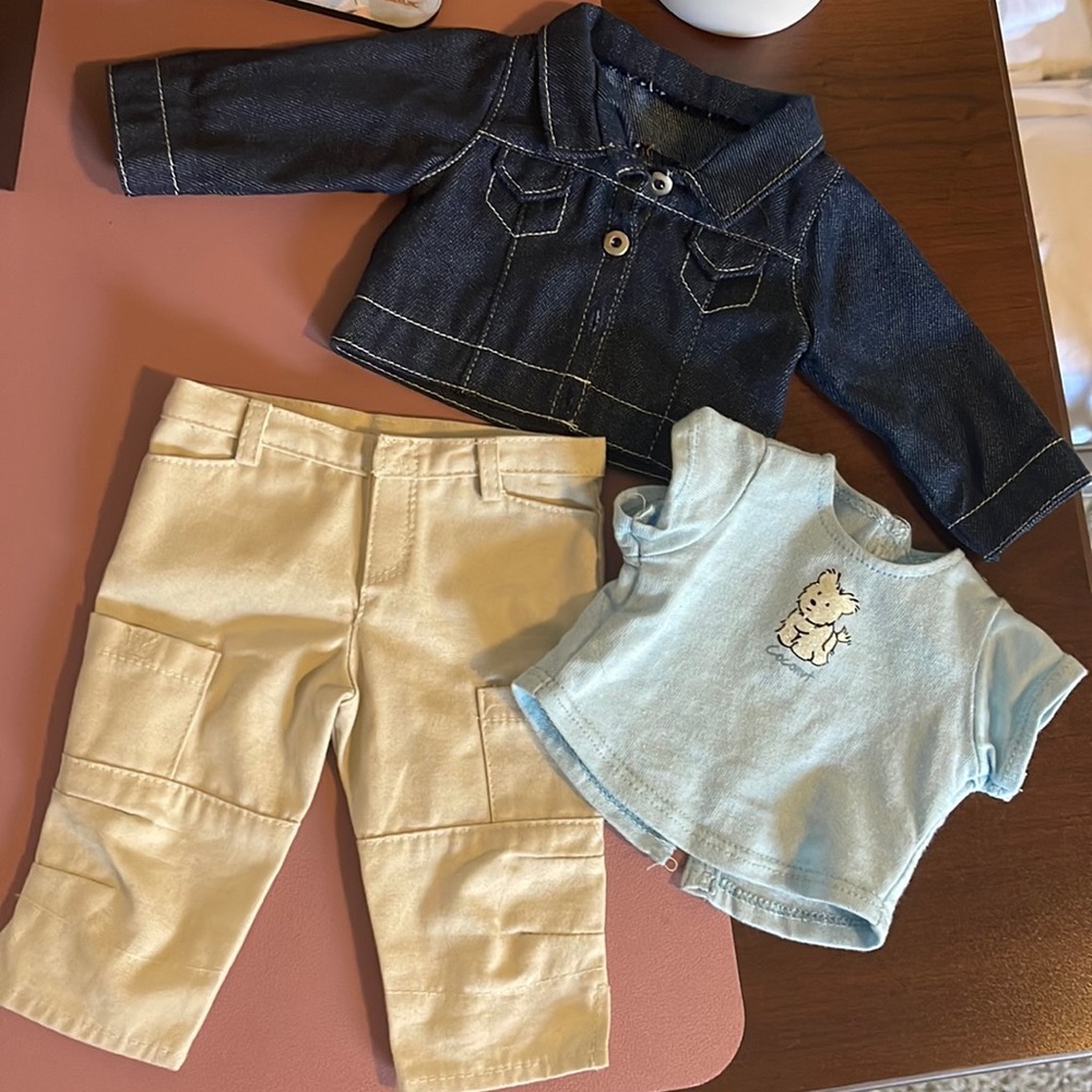 American Girl Doll Outfit - Dark Blue Denim Jacket, Light Blue Top & Cream Pants